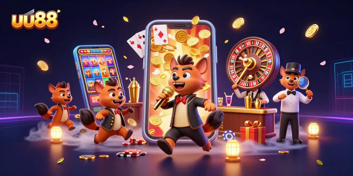 uu88 hyenas perform at a comedy casino while showcasing exciting slot games and vibrant casino elements