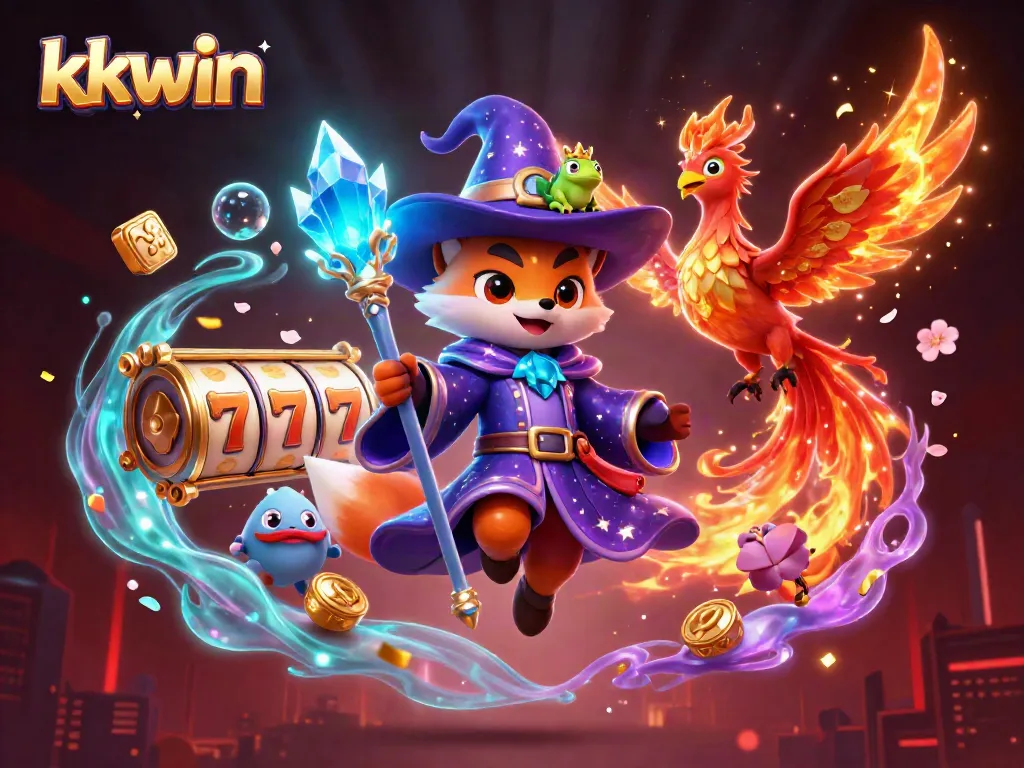 Experience vibrant winnings with kkwin's dynamic casino scene featuring magical characters and slot elements.
