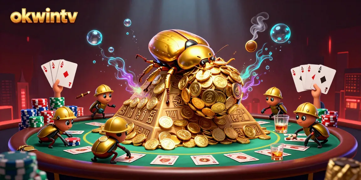 Engage with okwintv as a golden beetle rolls coins and poker elements in a vibrant casino scene.