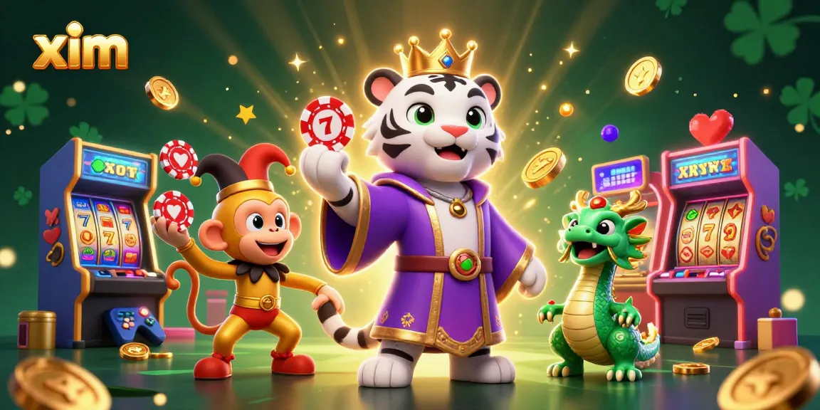Experience the excitement of slot gaming with xim, illustrated by a vibrant scene of a white tiger and friends.