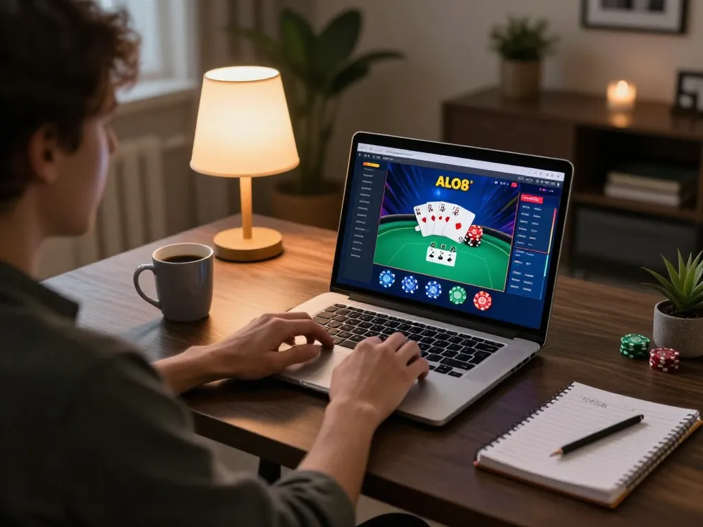 A player engaging with ALO8's online casino platform, showcasing rich gaming activity in a cozy home setting.