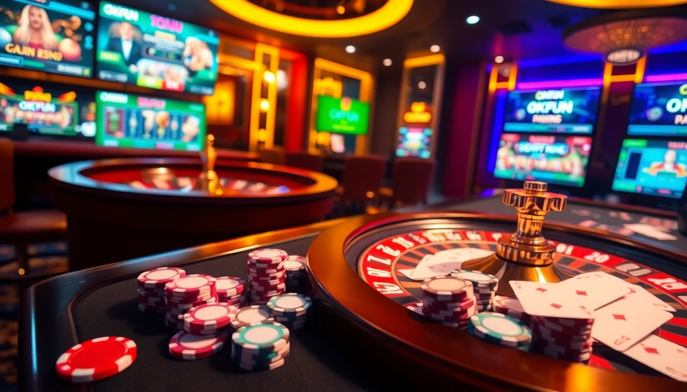 Experience the excitement of playing at OKFUN casino with vibrant poker chips and roulette wheels.