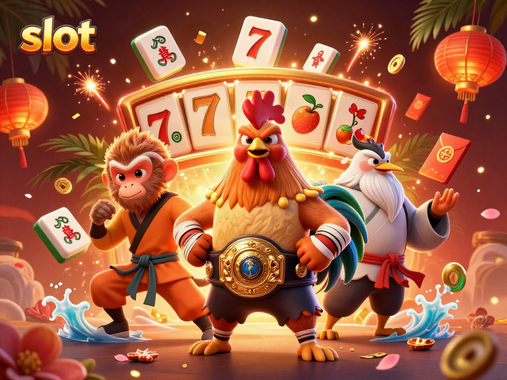Spin the slot reels with a fierce rooster and Shaolin monkey in this vibrant 3D casino scene.