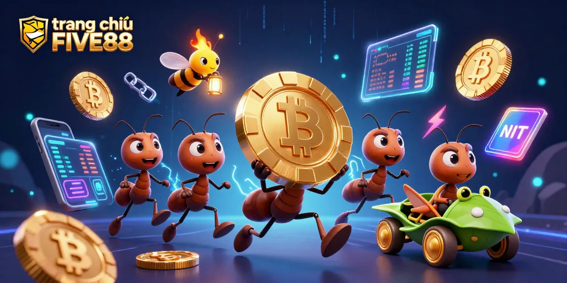 Experience the exciting world of trang chủ FIVE88 with ants heisting a giant poker chip in a vibrant casino scene.