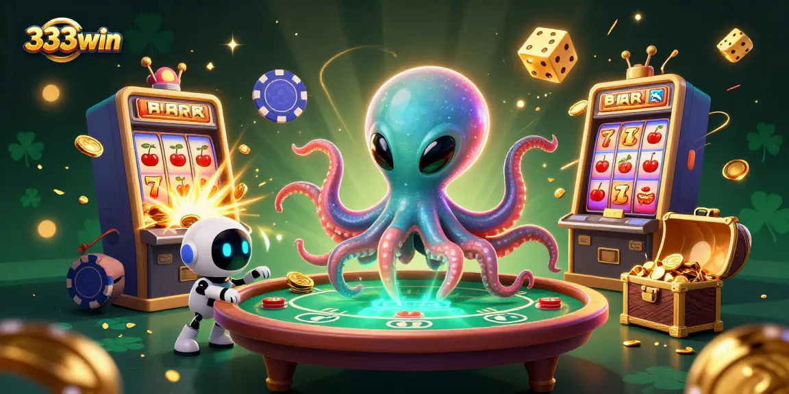 Engage in thrilling gameplay with 333win as an alien octopus and robot orbit around a dynamic casino scene.
