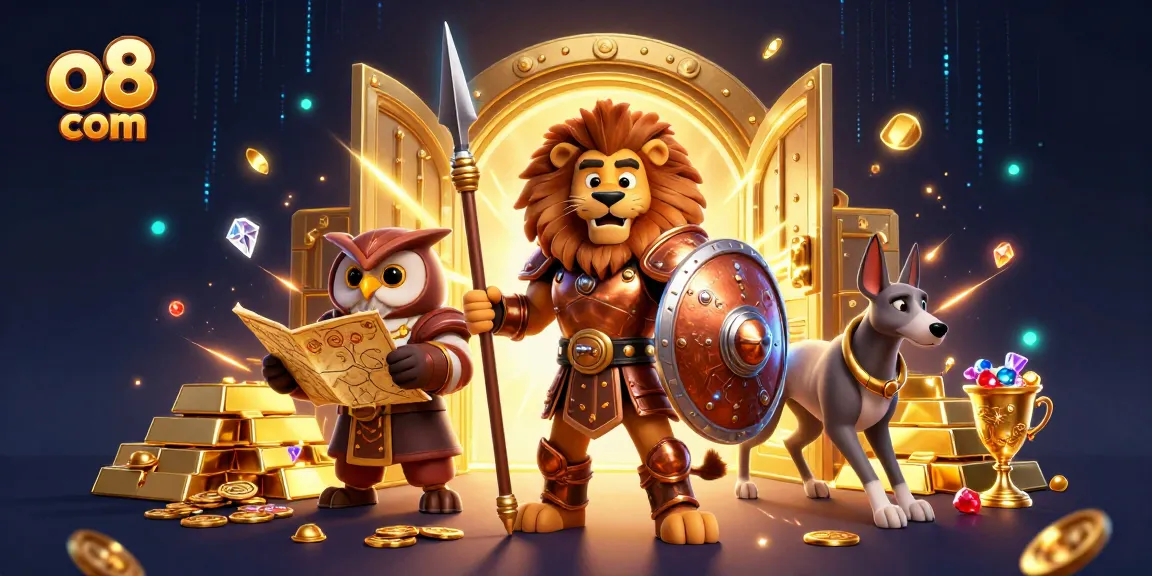Engage in thrilling victories at o8 com with a vibrant 3D casino scene of legendary characters.