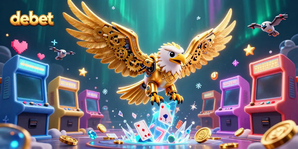Engaging scene with debet's golden eagle character interacting with dynamic casino game elements.