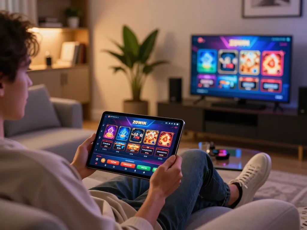 #zowin player enjoying online casino games on tablet in a cozy setting, showcasing vibrant app graphics