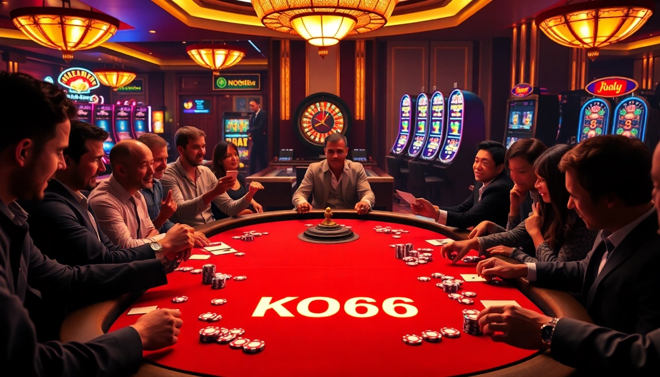 Người chơi tận hưởng trò chơi poker tại casino KO66 với những chip và lá bài sôi động trong một khung cảnh sang trọng.