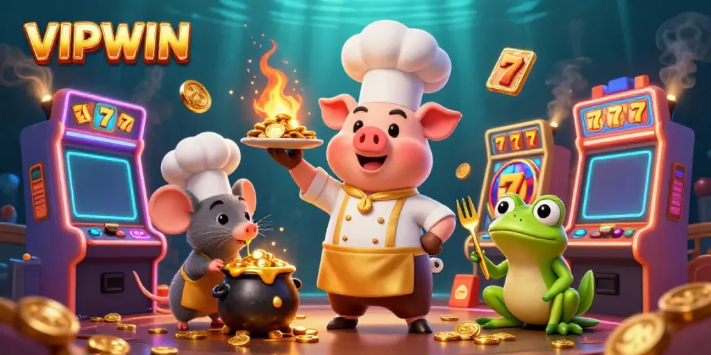 Experience thrilling gameplay at VIPWIN with gold coins and arcade fun in this vibrant scene.