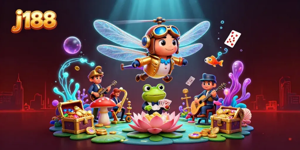 Experience thrilling fun at j188's lily pad casino with vibrant games and characters.