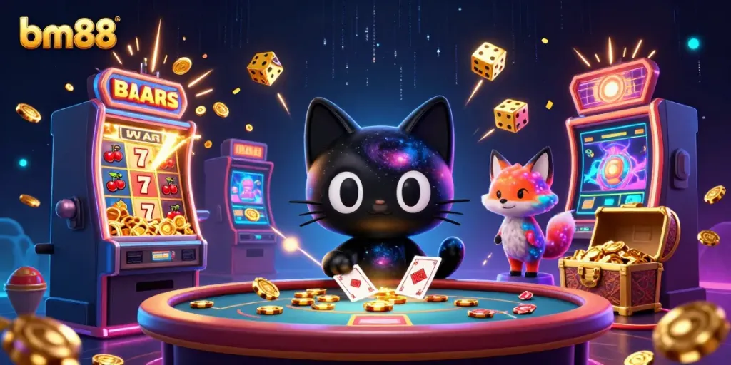 Experience thrilling gameplay at bm88 with vibrant cosmic casino illustration featuring jackpots and bonus symbols.
