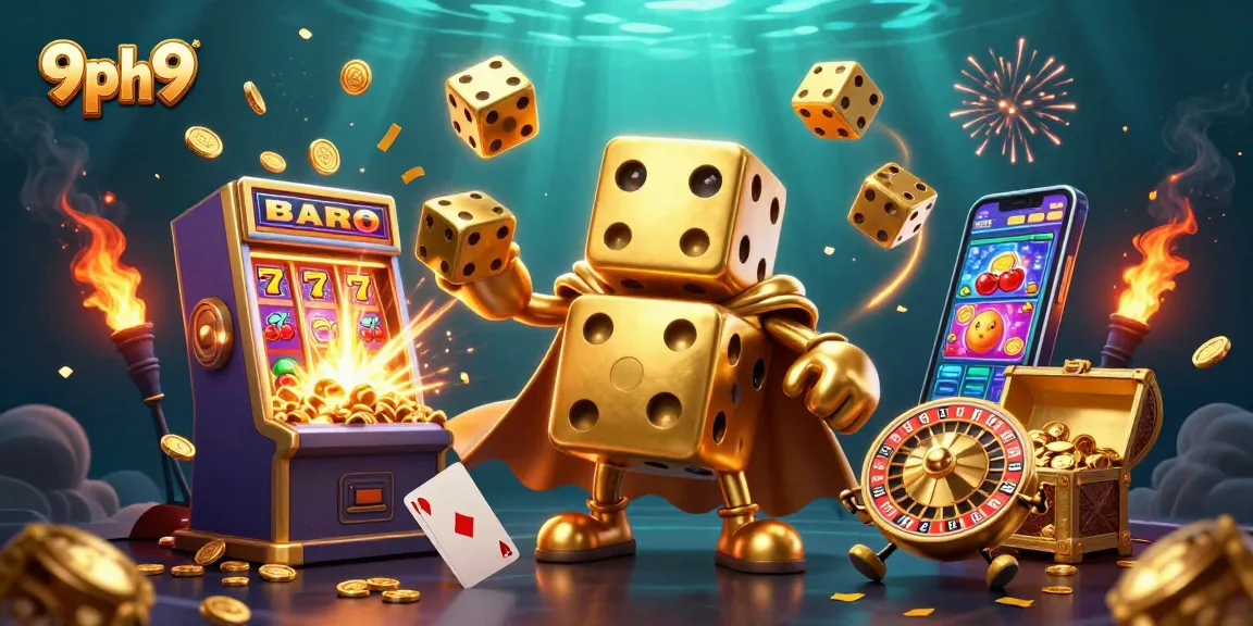 Experience thrilling wins at 9ph9 with a lively scene of a golden dice golem juggling in a vibrant casino