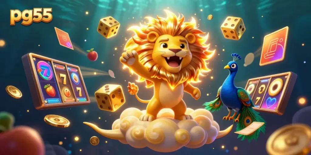 Engage with pg55's thrilling jackpot experience through a vibrant 3D illustration