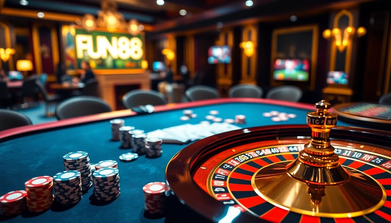 Exciting scene of players engaging with FUN88 đăng nhập at a luxurious casino table.