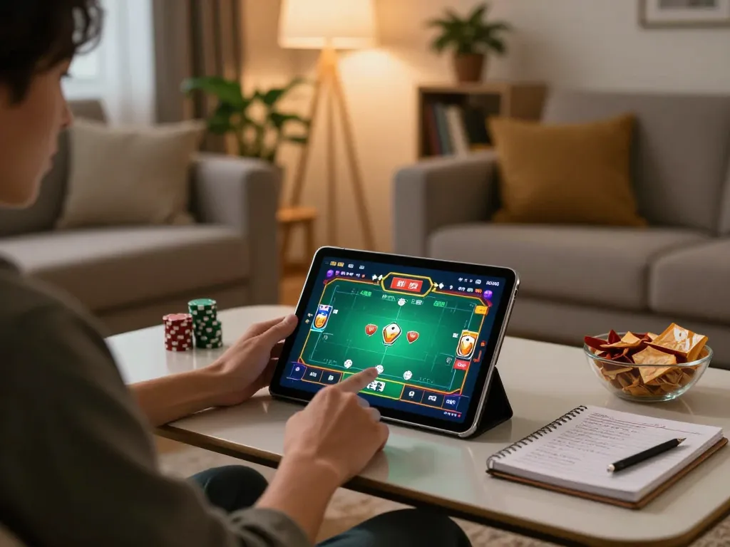 Okwintv user engaged in online poker gaming with tablet in cozy home setting