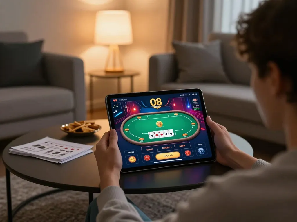 Player enjoying O8 casino app on tablet in a stylish home setting with cozy lighting.
