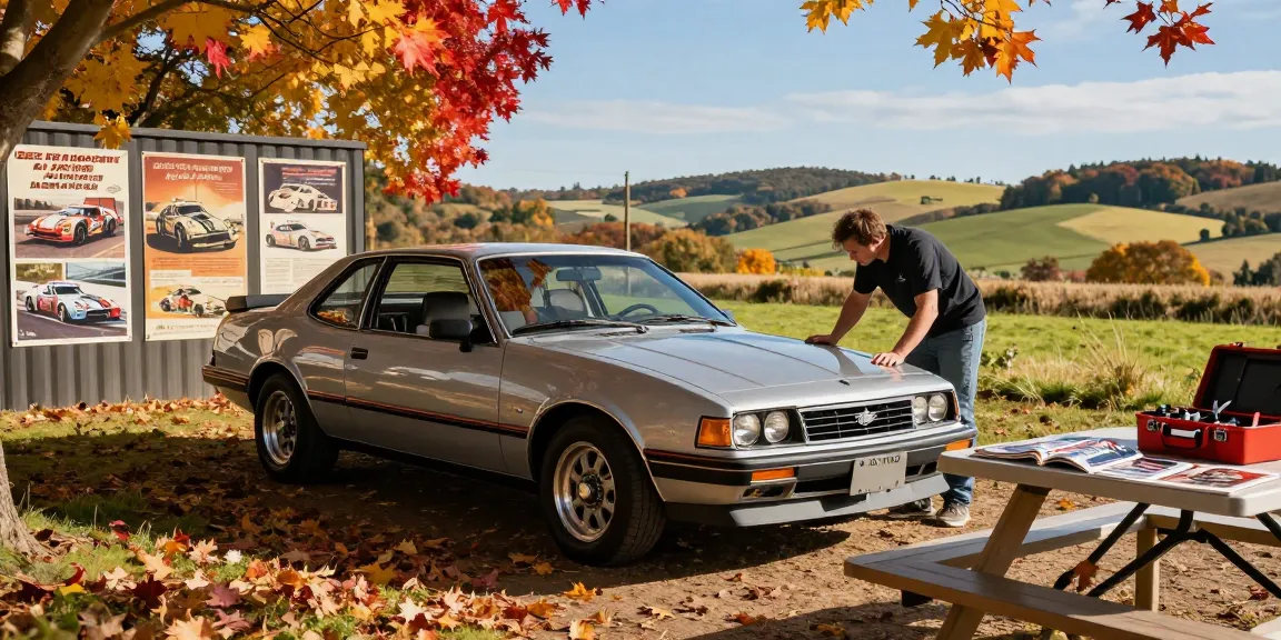 A car enthusiast closely examining a 1988 Holden HSV SV88 in an autumn landscape, showcasing the vehicle's classic design and automotive culture.