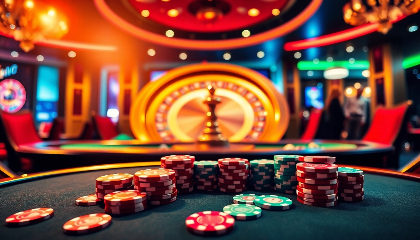 Players enjoying 68 game bài at a vibrant casino table with poker chips and cards.