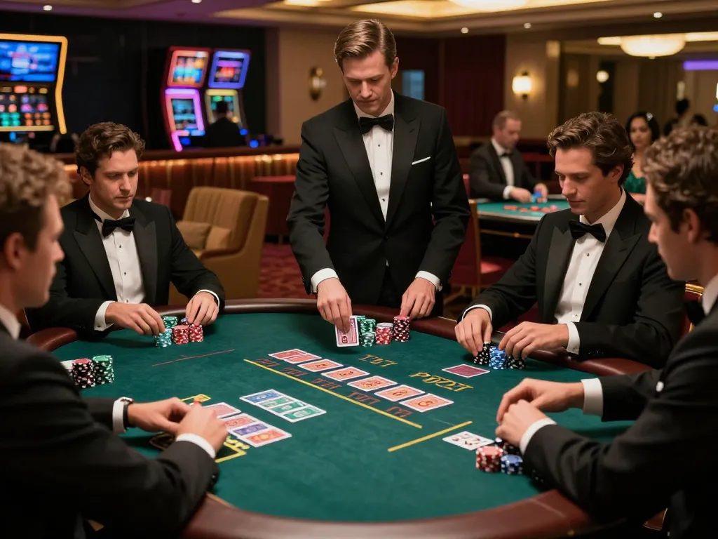 rikvip players strategizing at a luxurious blackjack table in an upscale casino atmosphere
