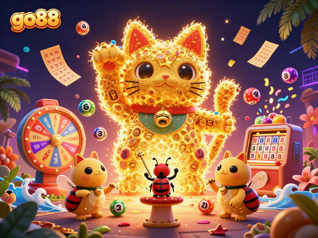 Experience the thrill of go88 with dynamic lottery and casino visuals in this vibrant 3D illustration
