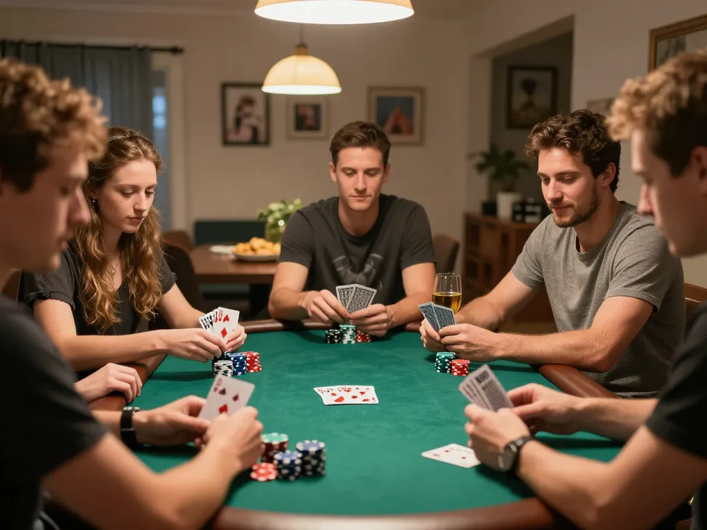 Players engage in an exciting poker game at home, enjoying a social gambling experience with friends while using sunwin strategies.