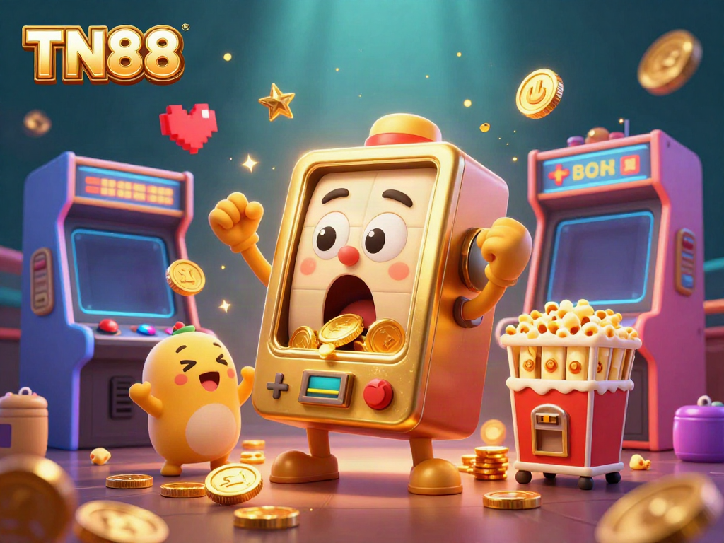 Experience winning thrills with TN88 as golden coins cascade from a joyous slot machine, enlivening the excitement of gambling.