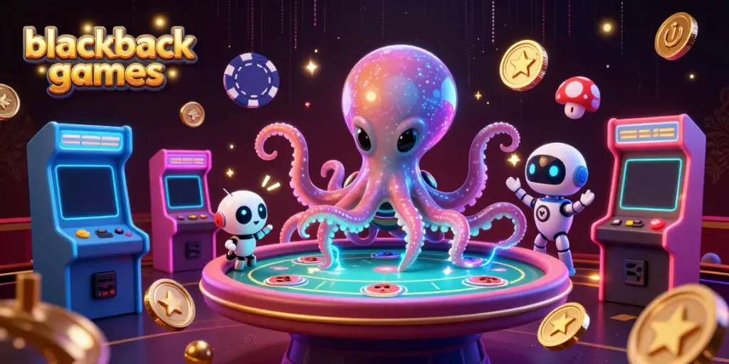 Experience exciting blackjack games with a vibrant alien octopus at a holographic poker table in this dynamic scene.