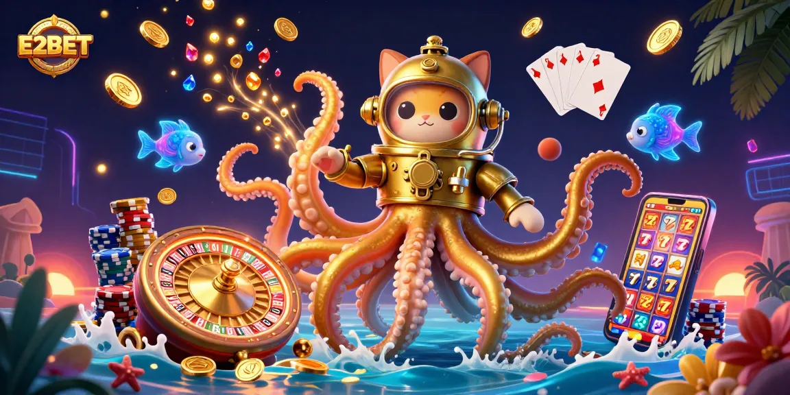 E2BET brings excitement with a kraken, diving cat, and treasures in a vibrant underwater casino.