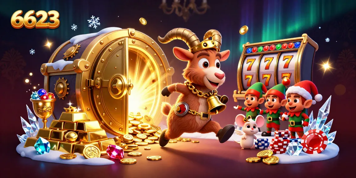 Experience the thrill of 6623 with a festive casino scene featuring slots, gold, and whimsical characters.