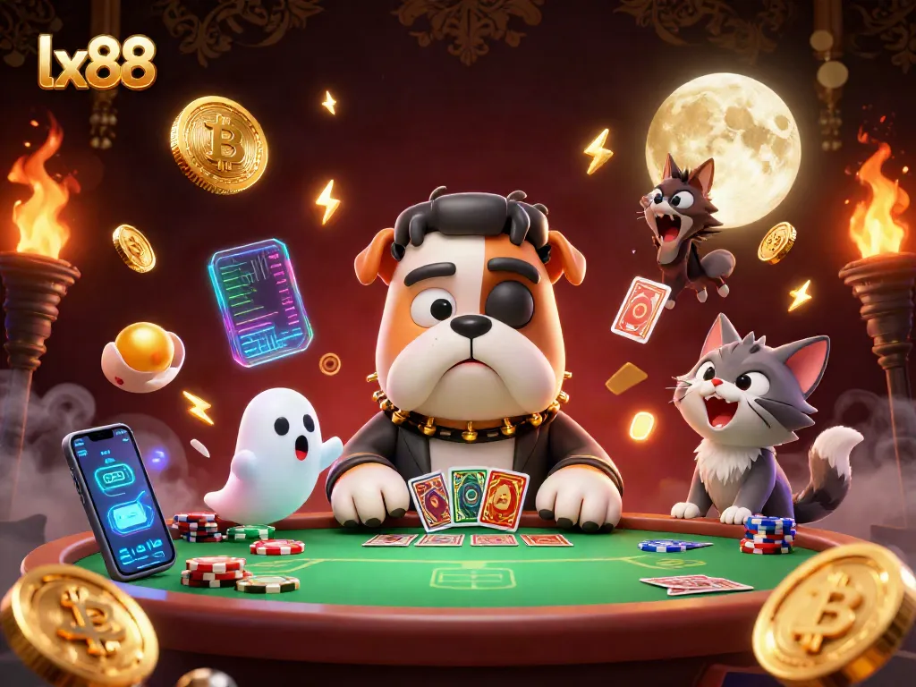 Engage in thrilling card games at lx88 with a spooky 3D casino scene featuring iconic characters.