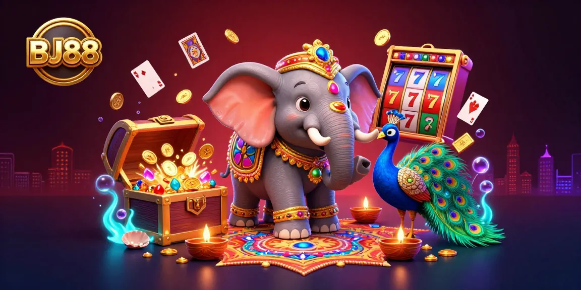 Experience exciting gambling action with BJ88 in a stunning 3D casino illustration featuring vibrant characters and gaming elements.