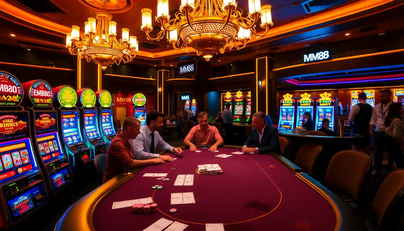 Experience the thrill of MM88 with a lively casino scene featuring poker and slot machines.