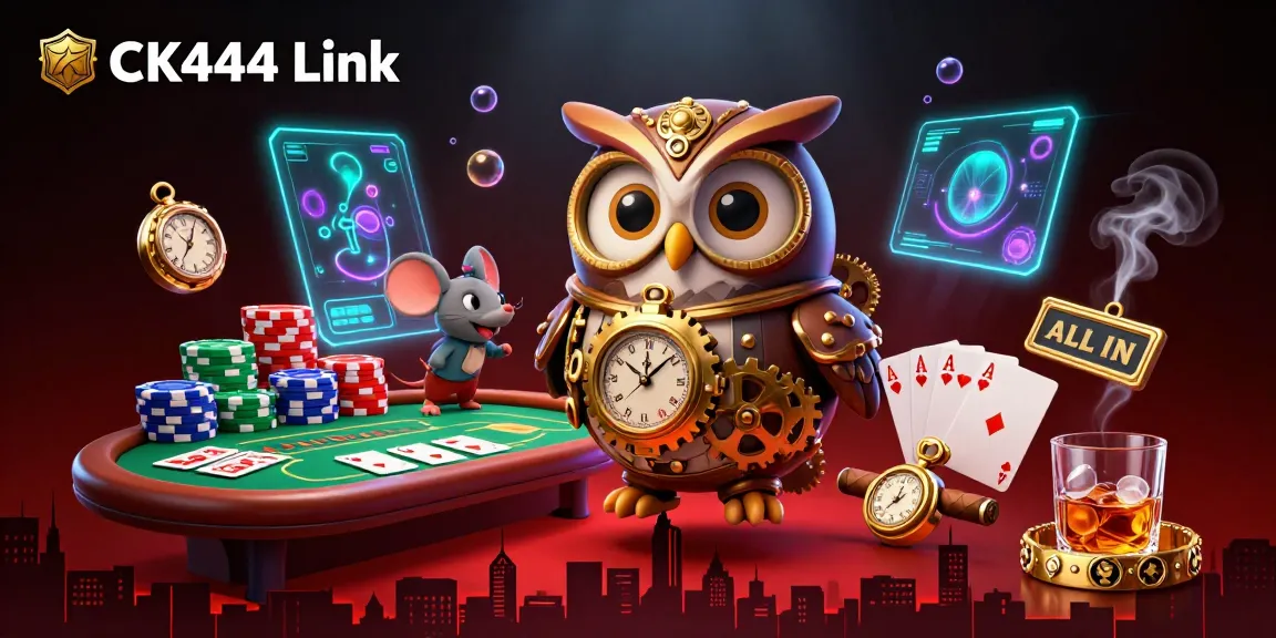Engage with the CK444 Link experience in this vibrant casino-themed 3D illustration featuring a time-traveling owl and card games.
