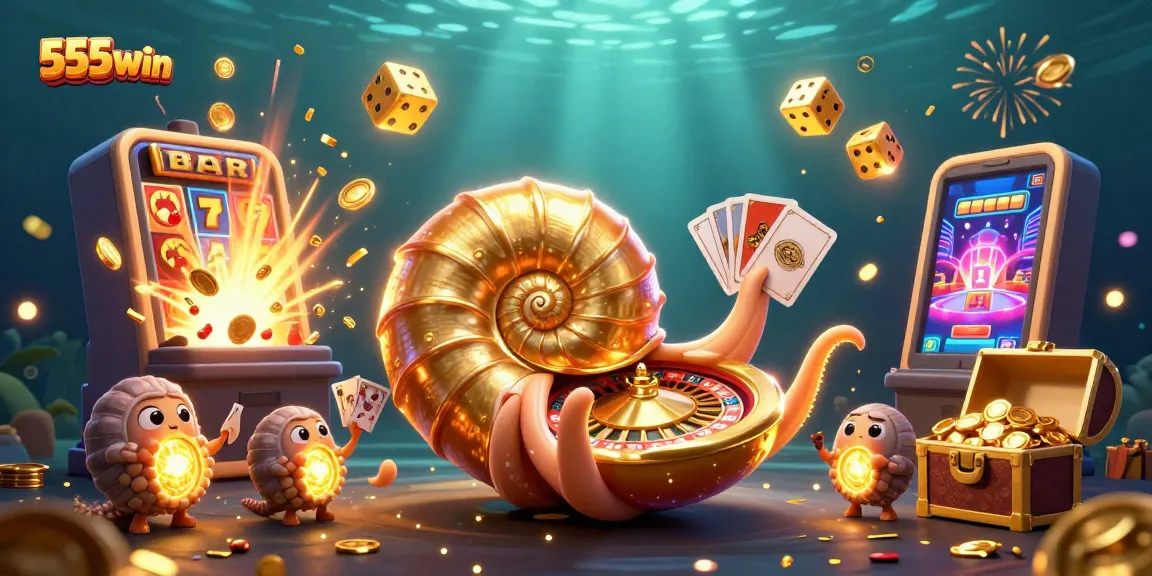Experience the thrill of winning with 555win's vibrant 3D casino illustration showcasing jackpots and exciting game elements.
