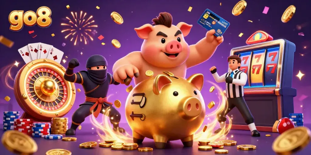 Engage with go8's thrilling casino action featuring energetic characters and vibrant gambling elements.
