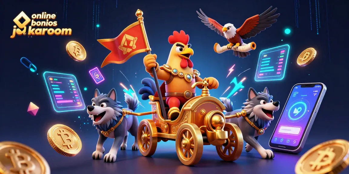 Engage with online casino bonuses jokaroom in this dynamic 3D illustration showcasing a rooster warlord amidst vibrant crypto elements.