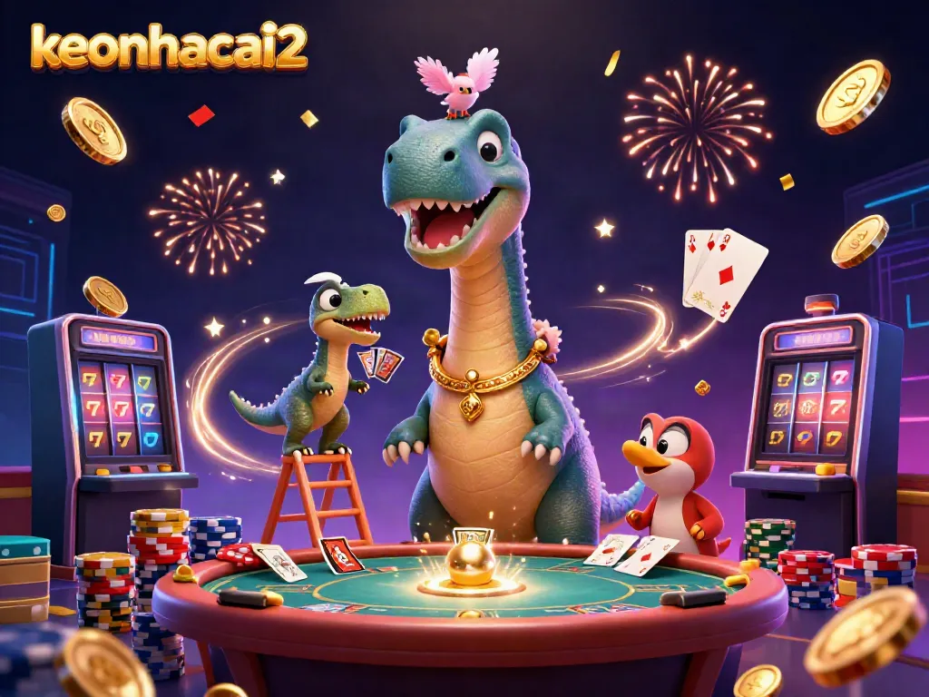 Engage in thrilling gameplay on keonhacai2 with a lively 3D casino scene featuring vibrant characters.