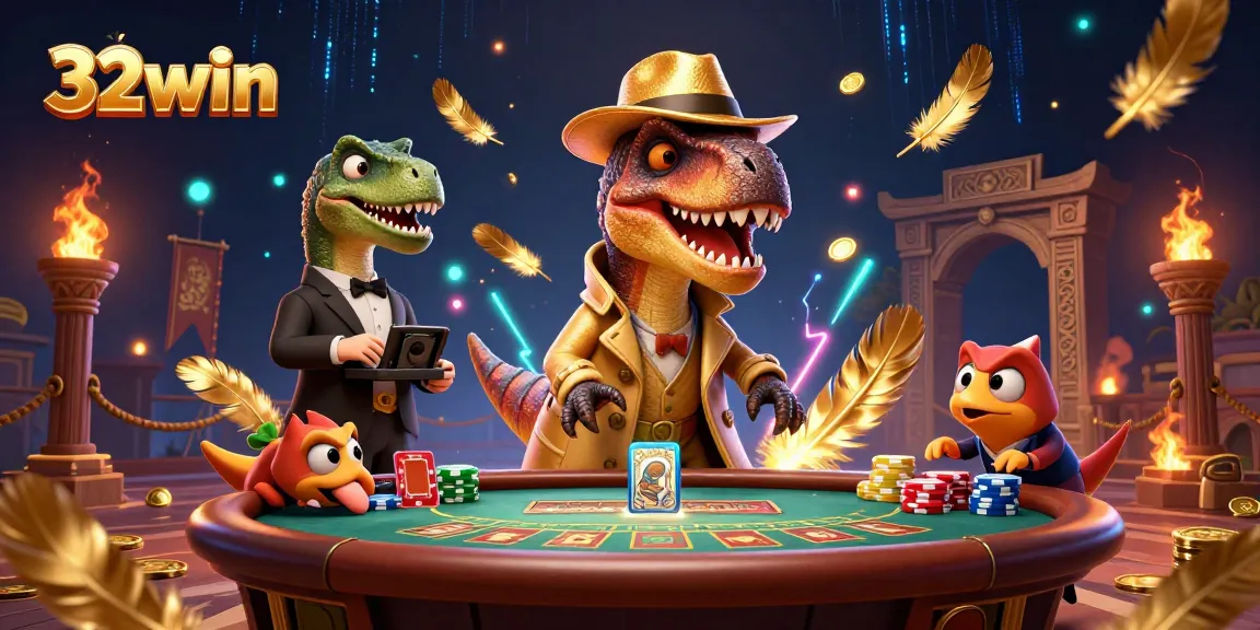 Experience exciting gaming at 32win with vibrant characters at a blackjack table amidst dynamic casino elements.