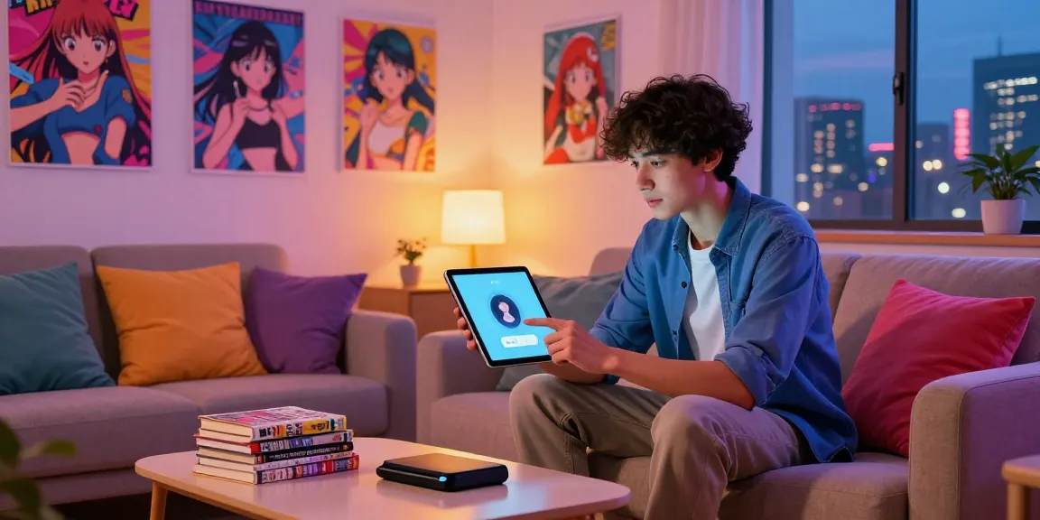 User engaging in ai ecchi chat with an AI chatbot on a tablet in a cozy living room filled with manga and anime decor.