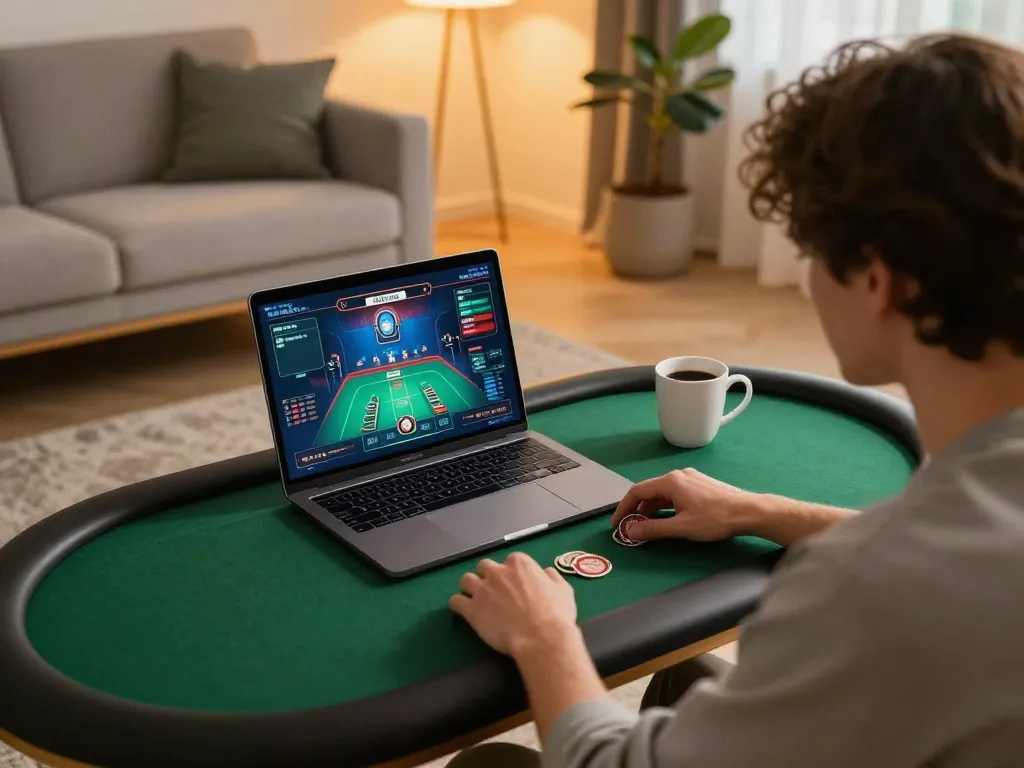 Engaging in online poker gameplay on vipwin from a cozy living room