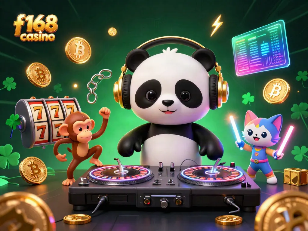 Experience the excitement of f168 casino with vibrant visuals of spinning reels, a DJ panda, and a fun atmosphere.
