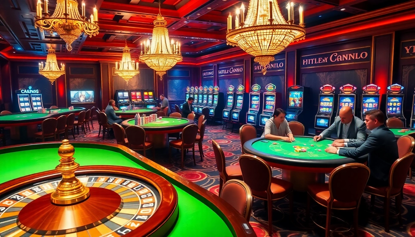Players enjoying a thrilling casino scene at 789f with vibrant slot machines and poker tables.