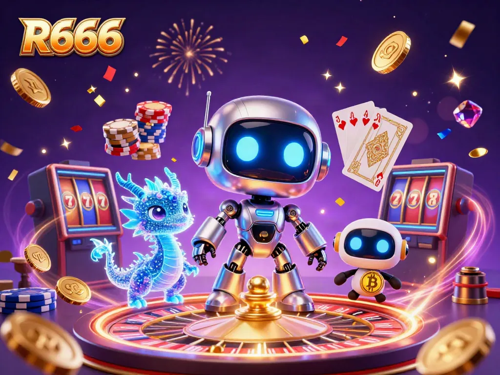 Engage with R666 gaming excitement in a vibrant 3D casino scene full of action and rewards.