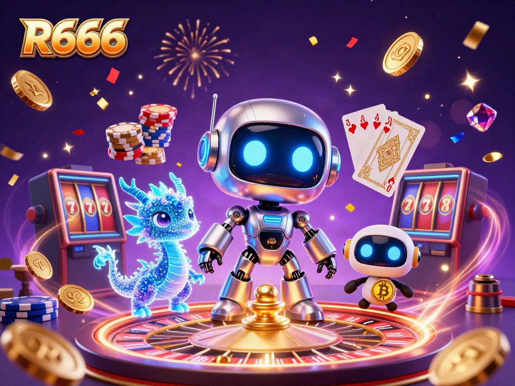 Engage with R666 gaming excitement in a vibrant 3D casino scene full of action and rewards.