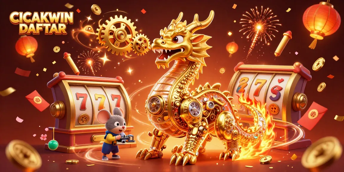 CICAKWIN DAFTAR showcases a 3D golden dragon amidst vivid casino elements, inspiring winning strategies.