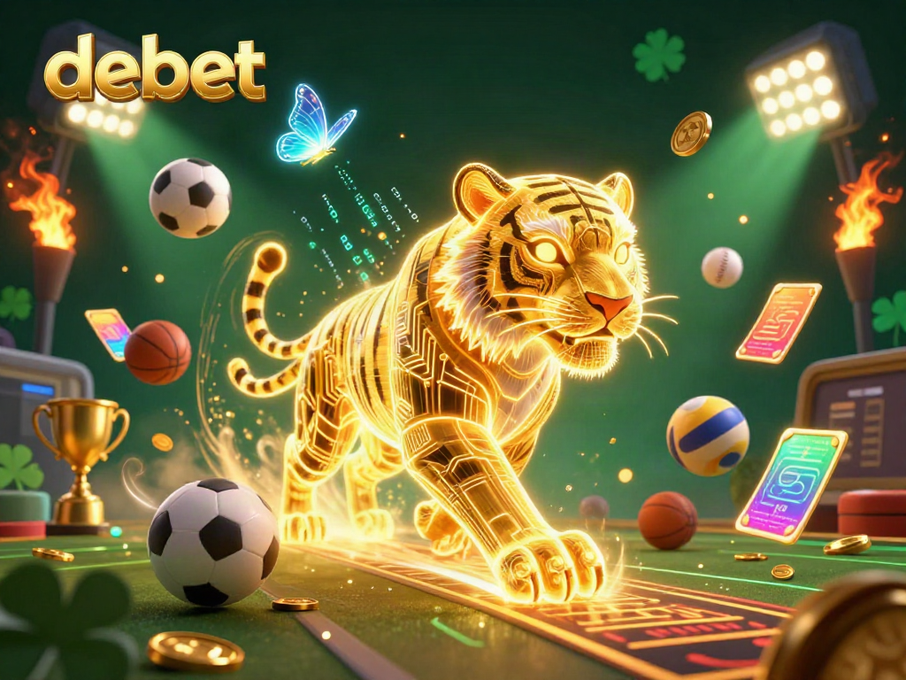 Experience the vibrant, engaging debet casino environment with dynamic sports elements and luminous characters.