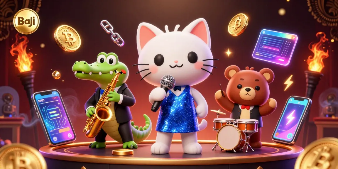 Baji players enjoy thrilling games in a lively casino scene with a jazz-singing cat and vibrant crypto elements.