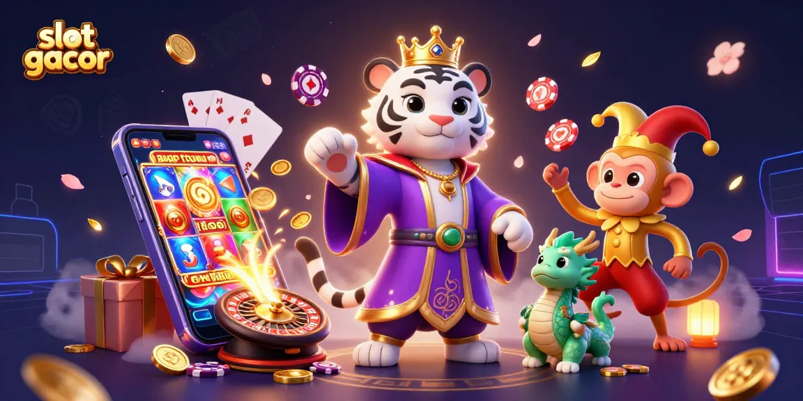 Experience excitement with slot gacor symbols, as the animated white tiger and friends engage in vibrant casino action.