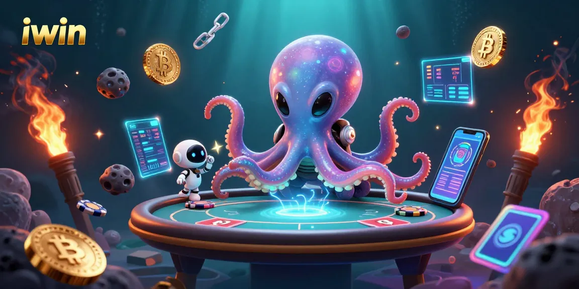 iwin casino alien octopus spins holographic poker table in a vibrant cosmic setting